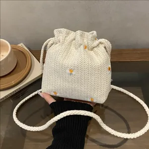 Borsa a Secchiello Casual da Donna Con Ricamo a Margherita Intrecciata Coulisse Tracolla Piccola Borsa alla Moda per Uso Quotidiano