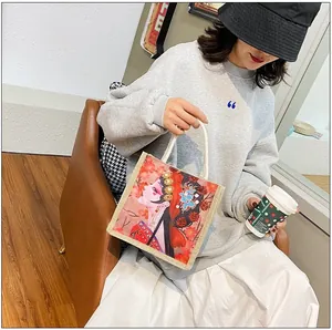 Artistic canvas gift bag with red Peking Opera illustration and white cotton rope handle