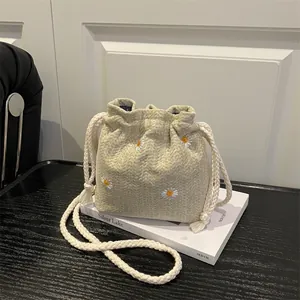Women's Casual Daisy Embroidery Drawstring Bucket Bag Woven Cotton Linen Mini Crossbody Shoulder Bag Small Pouch For Daily Travel