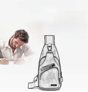 Détail du sac de poitrine pour hommes montrant la texture du cuir PU et le port USB