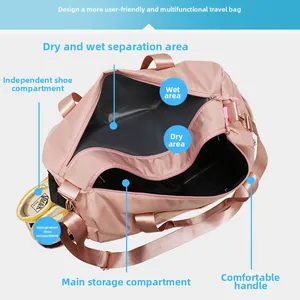 Detail view of pink nylon travel bag showing dry wet separation and separate shoe compartment