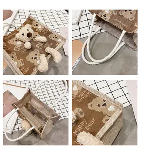 Detailed four-panel view of small brown linen tote bag with 3D teddy bear and white rope handle