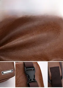 Détail de la texture cuir PU marron et boucles de qualité supérieure sur le sac de poitrine