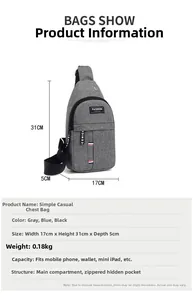 Detailed size specifications for the grey Oxford crossbody sling bag showing dimensions
