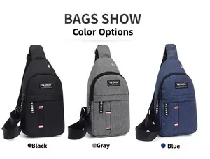 Three men's outdoor crossbody chest bags shown in black, grey, and blue colors