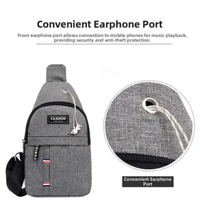 Detail of gray cross-body bag featuring a metal earphone port and woven texture fabric