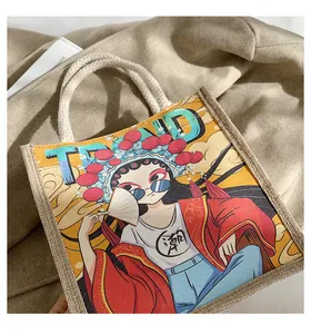 Detail van de vintage canvas tas met artistieke Chinese opera meisje bedrukking