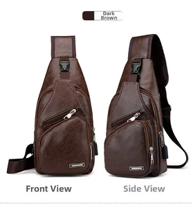 Détail du sac de poitrine en cuir PU marron foncé avec port USB et poches zippées
