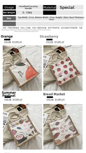 Details canvas tas met afmetingen en vier fruitpatronen met handvatten van touw