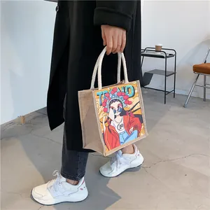 Close-up of burlap tote bag featuring trendy Peking Opera illustration and cotton rope handles