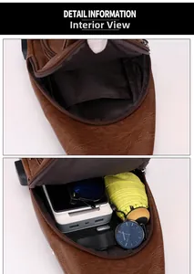 Vue intérieure du sac de poitrine en cuir marron montrant sa grande capacité de rangement