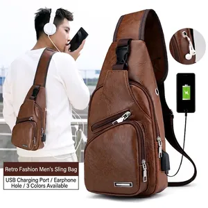 Sac de Poitrine Rétro en Cuir PU pour Hommes Avec Port de Charge USB Sac Bandoulière Décontracté Sac d'Épaule de Voyage