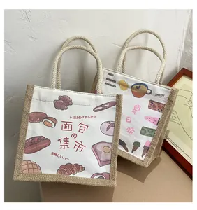Japanse stijl canvas tassen met broodillustraties en crèmekleurige handvatten van touw