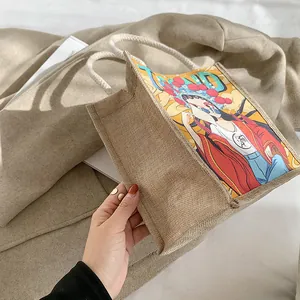 Peking Opera style jute tote bag with creative character illustration and rope handles