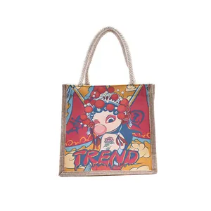Peking Opera girl canvas tote bag with braided handles and trendy artistic print