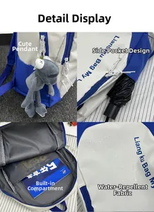 Detail view of water-resistant fabric compartments and a stylish frog pendant on the backpack