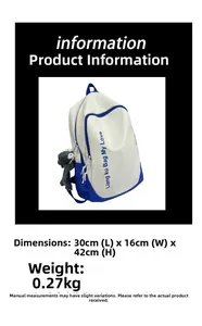 Detailed size specifications for the letter print college backpack with blue contrast