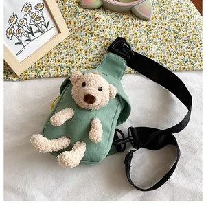Forest green canvas chest bag for kids with cute 3D plush bear and adjustable strap