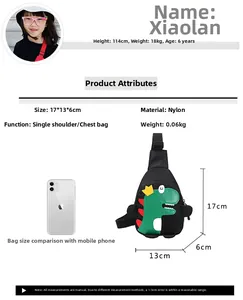 Detaillierte Größentabelle für Dinosaurier-Brusttasche mit iPhone-Vergleich