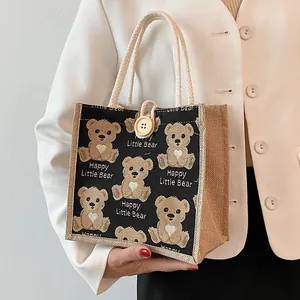 Cute Happy Little Bear linen tote bag with black canvas and braided handles