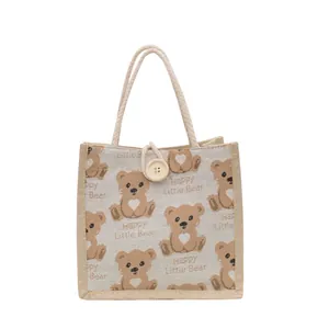 Linen handbag with cute brown bears and Happy Little Bear text and wooden button