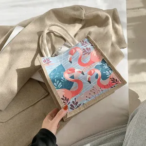 Canvas draagtas met roze flamingo en tropische bladerenprint en katoenen touwhandgrepen