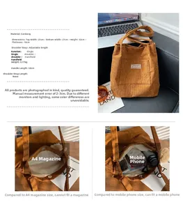 Detailed size chart and internal capacity of the brown corduroy tote bag for women