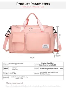 Detailed dimensions of pink fitness bag 45x30x22cm with waterproof oxford cloth specs
