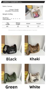 Size chart and color display for canvas crossbody bag with measurements and specifications