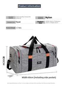 Detailed dimensions of the grey nylon travel bag showing 60x28x30cm size and weight