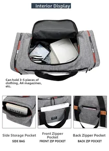 Detail view of large capacity nylon travel bag showing interior storage and compartments