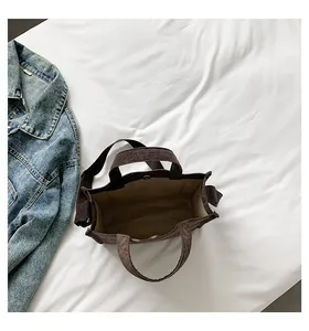 Detail of brown corduroy tote bag showing metal snap closure and textured fabric