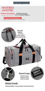 Detail of durable gray nylon travel bag showing zippers, metal hooks and logo patches