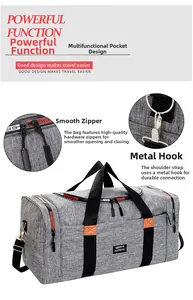 Detail of grey travel bag featuring high-quality metal zippers and swivel snap hooks