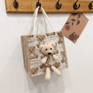 Cute 3D Plush Bear Cartoon Canvas Tote Bag Japanese Ins Style Handbag For Women Lunch Box Storage Bag