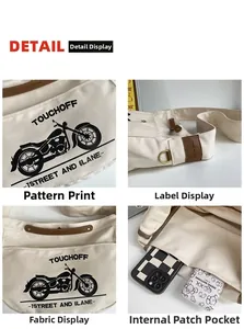 Detail showing canvas fabric texture, vintage motorcycle print, and interior pocket of bag