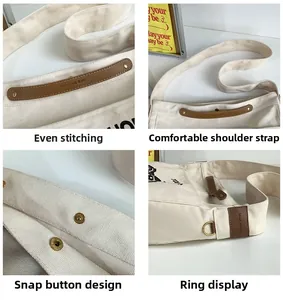 Detailed views of beige canvas crossbody bag with brown leather trim and metallic hardware
