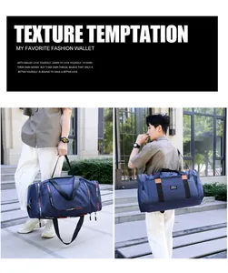 Detail showing durable dark blue nylon travel bag with red-white stripes and adjustable strap