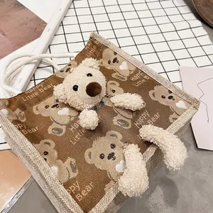 Cute Japanese canvas lunch bag with 3D plush bear and cartoon patterns in brown color