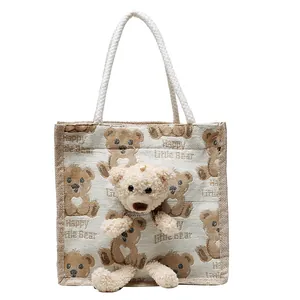 Cute canvas tote bag with 3D plush bear and pattern for lunch or daily use