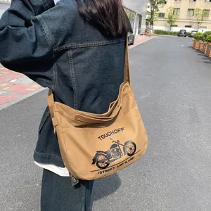 Large Capacity Canvas Crossbody Bag Vintage Motorcycle Print Messenger Bag With Wide Strap Casual Shoulder Bag For Women