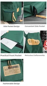 Detail view of large canvas backpack with side pockets and durable green fabric texture
