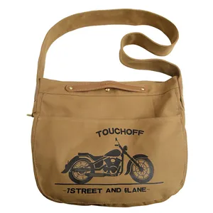 Vintage khaki canvas messenger bag with motorcycle print and wide woven shoulder strap
