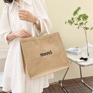 Sac Cabas Femme en Jute avec Impression Lettre Merci Grande Capacité Style Français Minimaliste Sac à Main pour Voyage