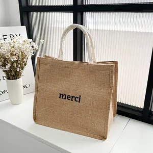 Sac cabas minimaliste en jute avec imprimé merci pour voyage décontracté