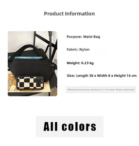 Detaillierte Größentabelle der schwarzen Nylon-Gürteltasche mit Maßen 38x8x16cm und Gewicht