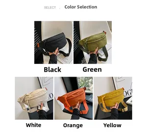 Collage showing casual nylon chest bags in black, green, white, orange, and yellow