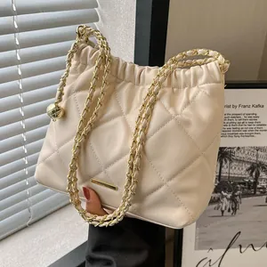 Women Quilted Diamond Lattice Bucket Bag PU Leather Fashion Chain Shoulder Crossbody Bag With Adjustable Metal Ball Pendant