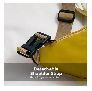 Detail of yellow nylon bag showing detachable khaki strap with black plastic buckle