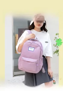 Detail view of purple waterproof nylon backpack featuring front zipper pocket and side pockets
